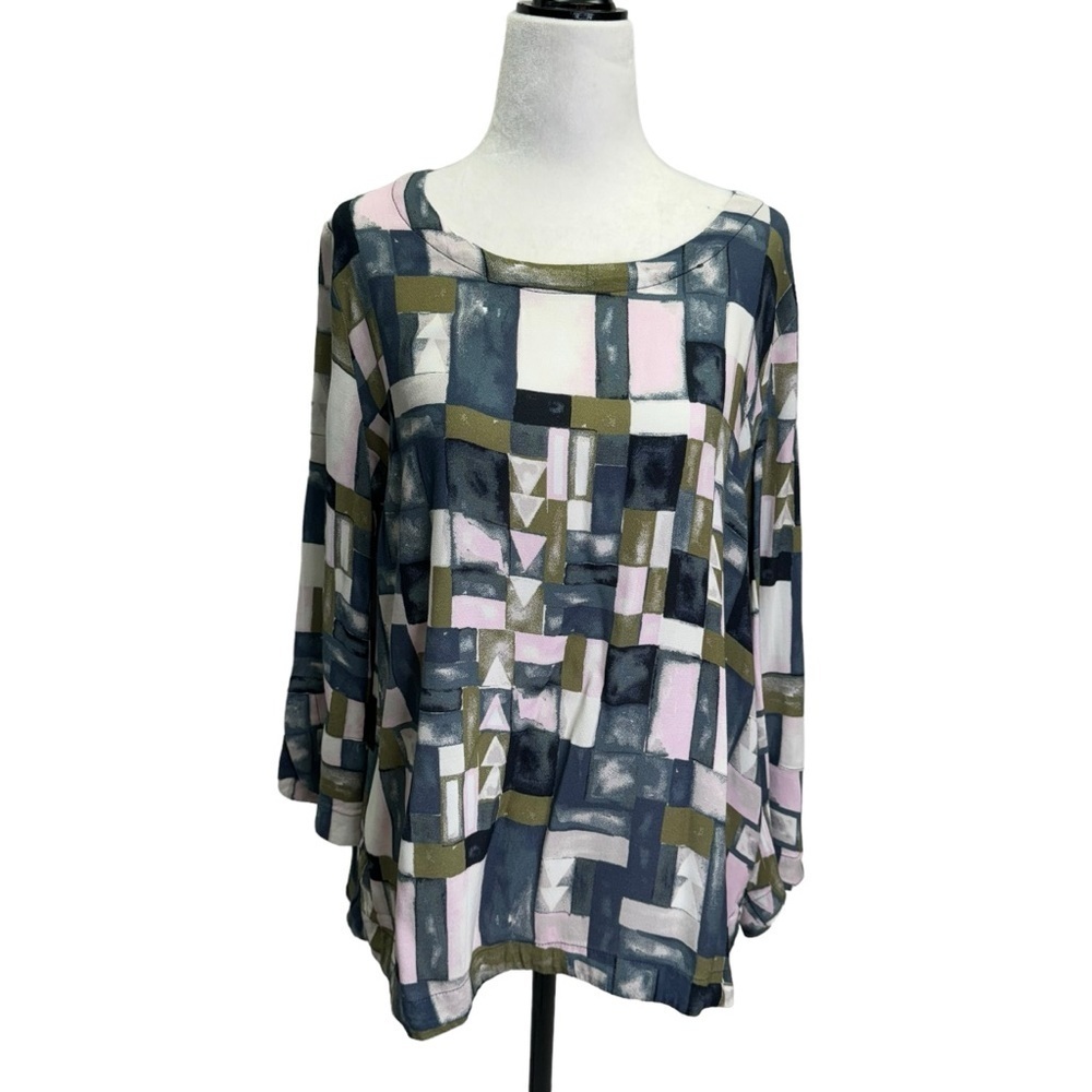 Foil💚Green Pullover Round Neck Geometric Print Blouse Top Size M
